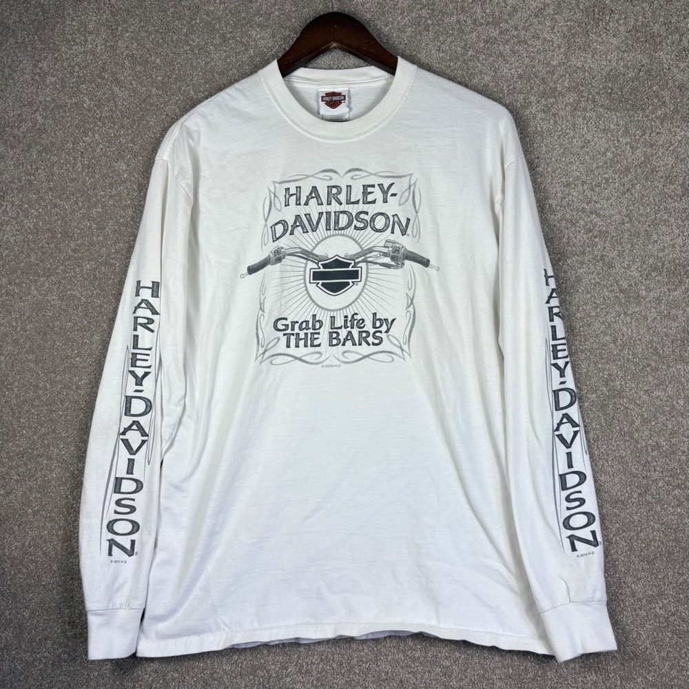 Harley Davidson Grab Life by The Bars White Long Sleeve Graphic Tee Mens L 2010